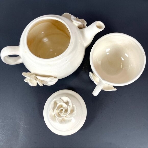 Stacked Ceramic Pottery Teapot Cup Set Paper Windows USA Floral Rose Cream VTG - Picture 6 of 16